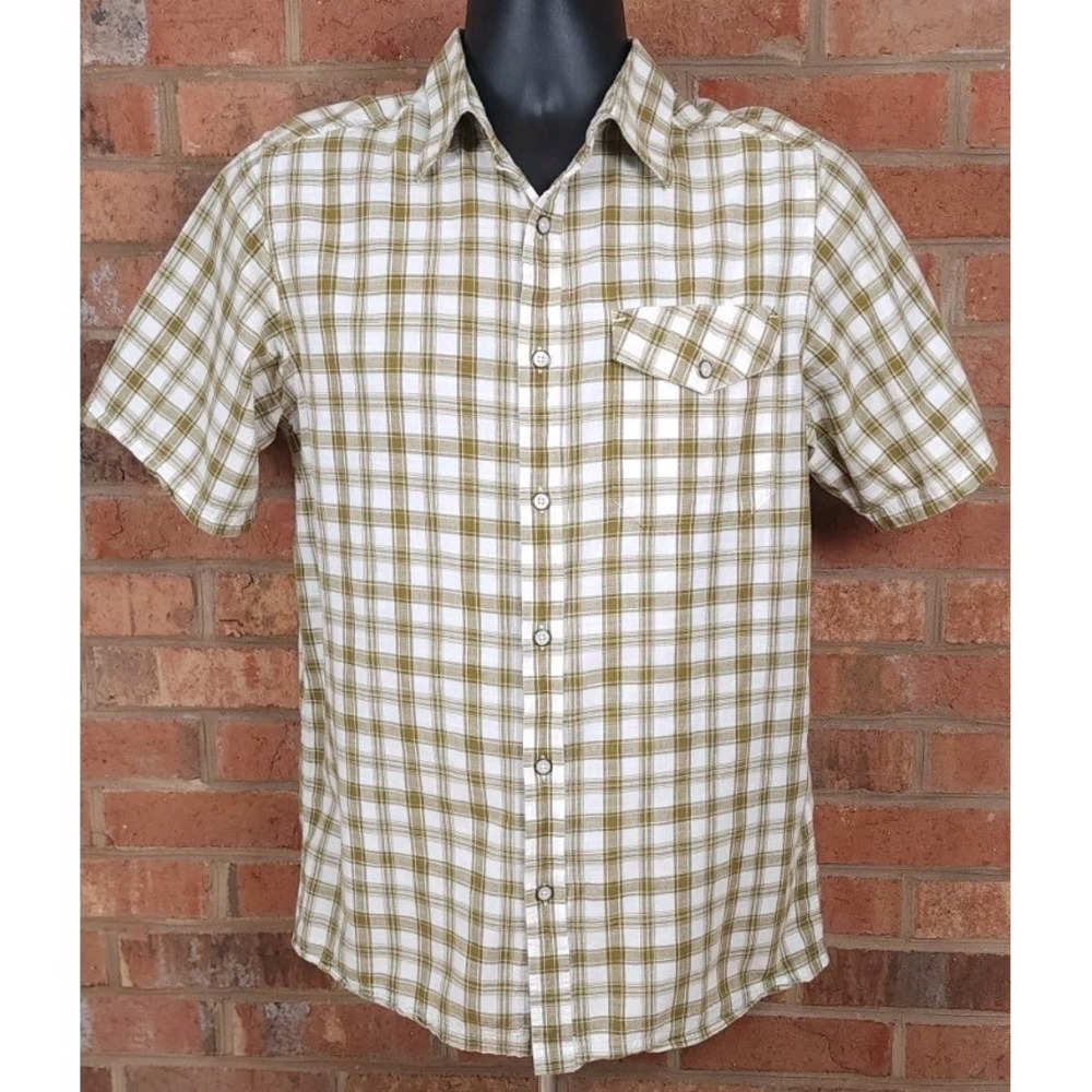 Mountain Khakis Camp Shirt White Brown Oxbow Mens Small Short‎ Sleeve